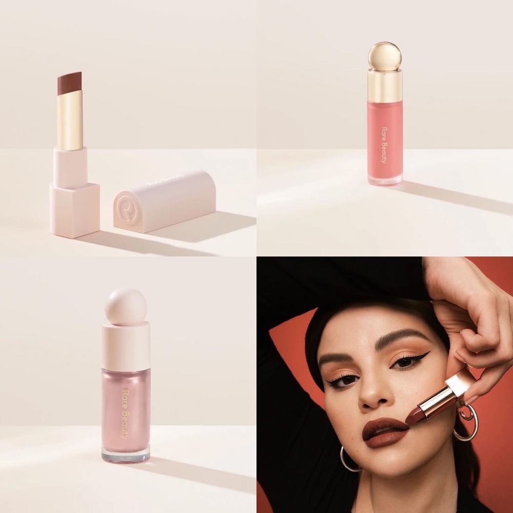 Selena Gomez Rare Beauty Liquid Blush, Liquid Highlighter and Lip Balm. 3 items.
